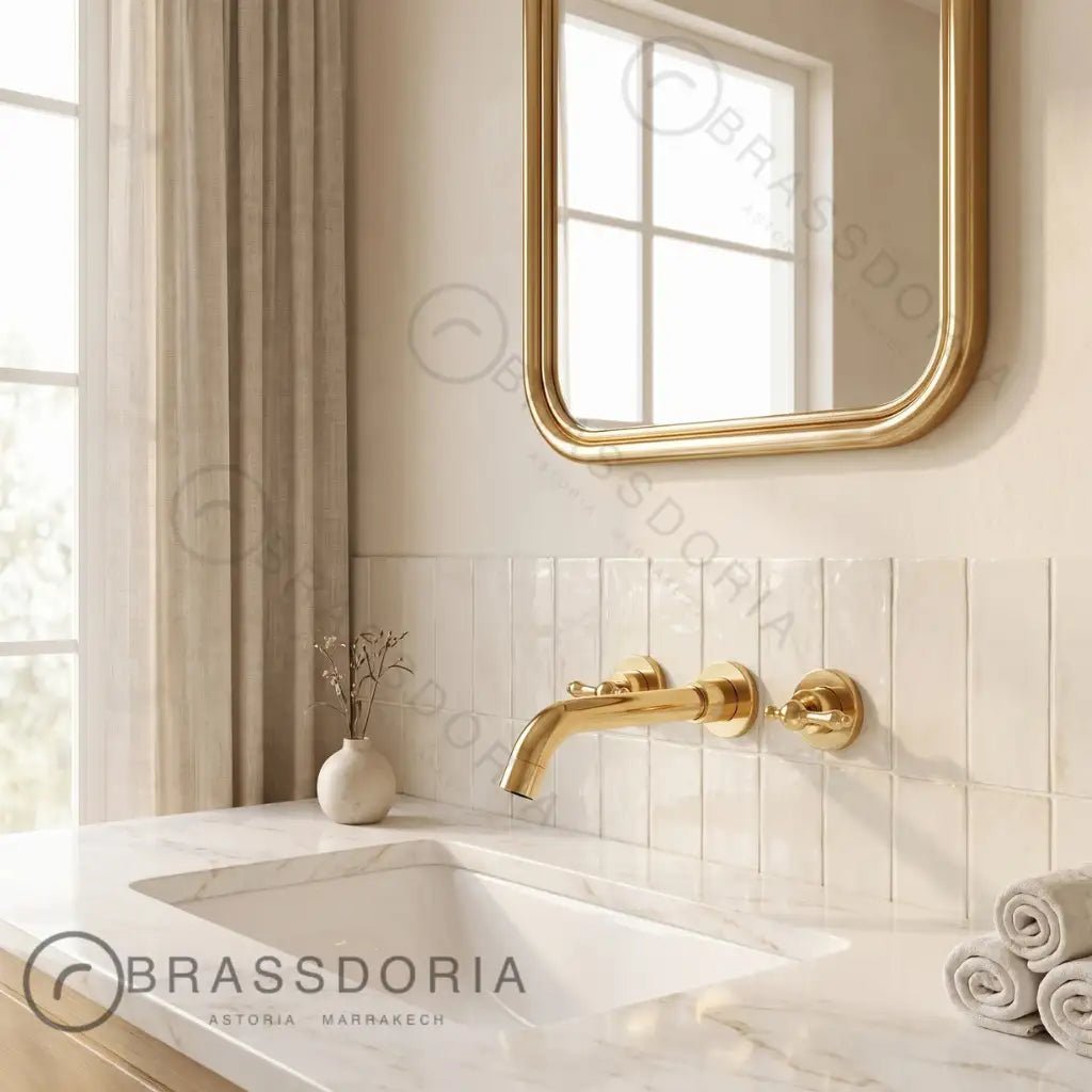 Unlacquered Brass Wall-Mounted Kitchen & Bathroom Faucet – Traditional Handles - BRASSDORIA