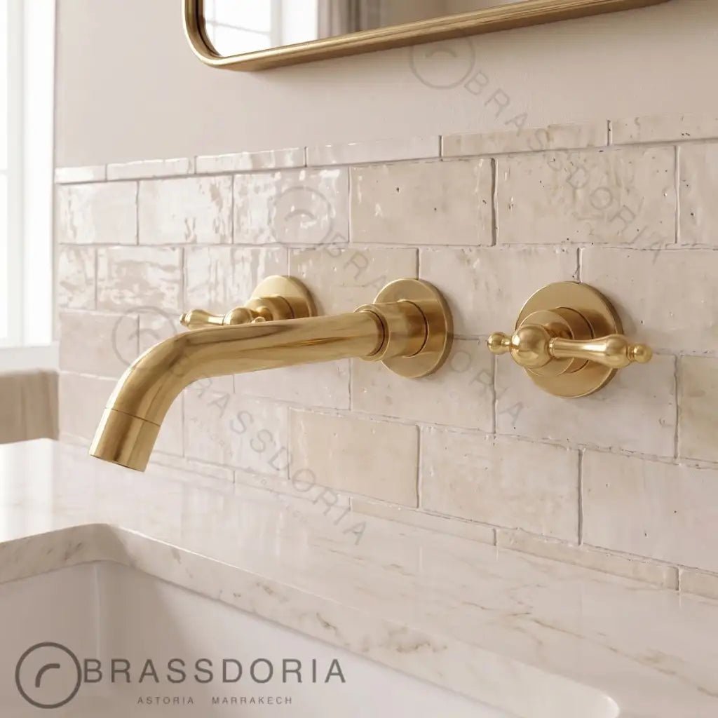 Unlacquered Brass Wall-Mounted Kitchen & Bathroom Faucet – Traditional Handles - BRASSDORIA