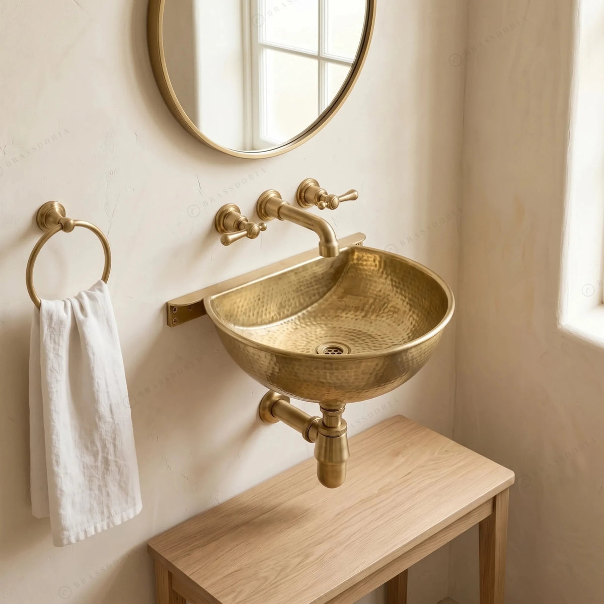 Unlacquered Brass Wall Mounted Sink – Handmade Hammered Brass Basin - BRASSDORIA