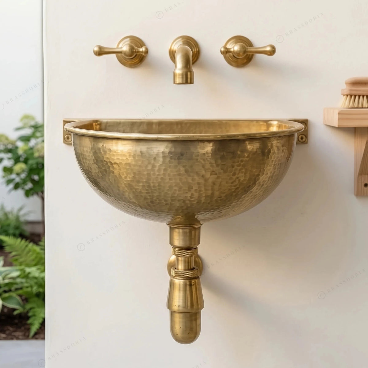 Unlacquered Brass Wall Mounted Sink – Handmade Hammered Brass Basin - BRASSDORIA