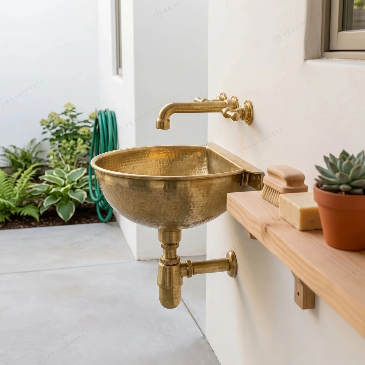 Unlacquered Brass Wall Mounted Sink – Handmade Hammered Brass Basin - BRASSDORIA