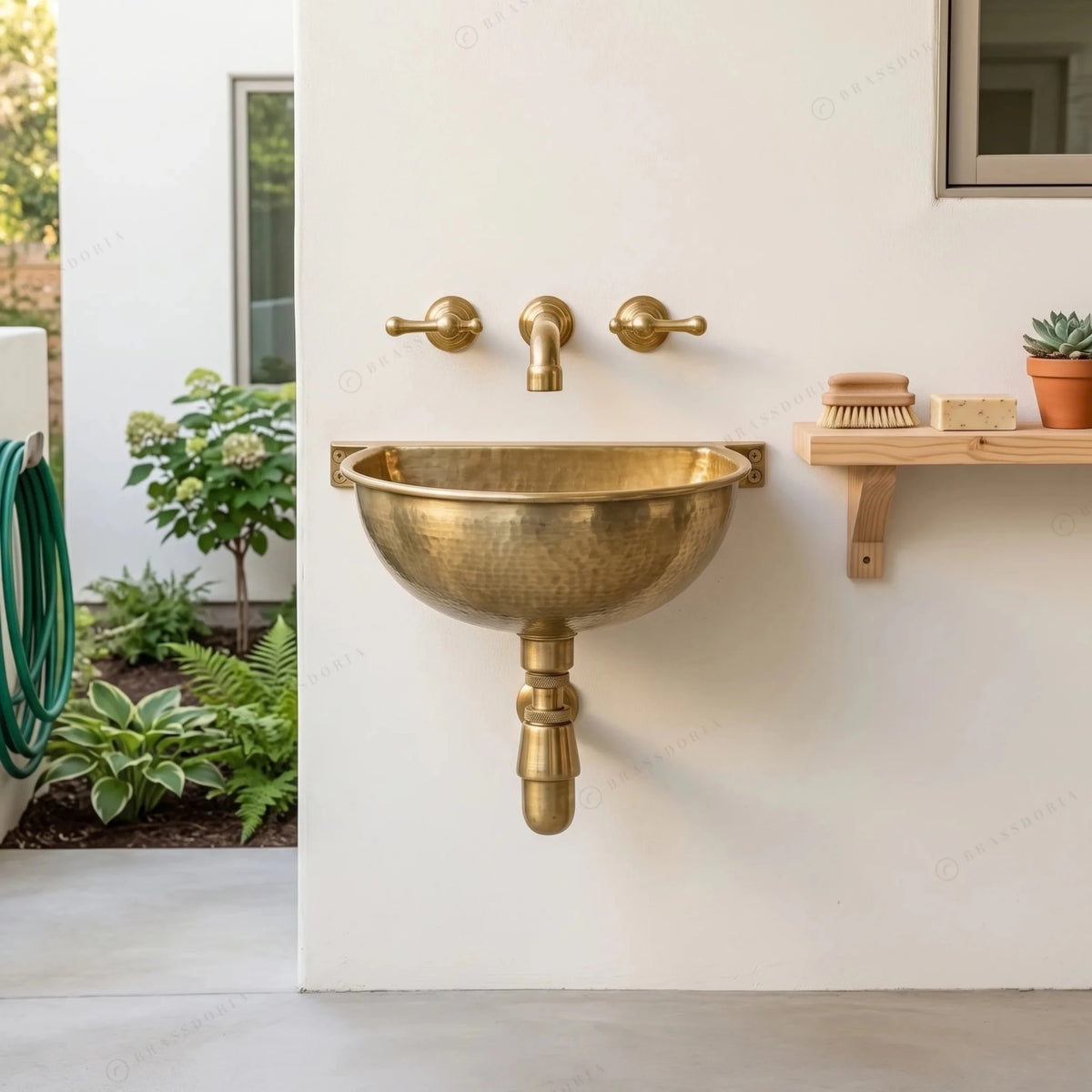 Unlacquered Brass Wall Mounted Sink – Handmade Hammered Brass Basin - BRASSDORIA