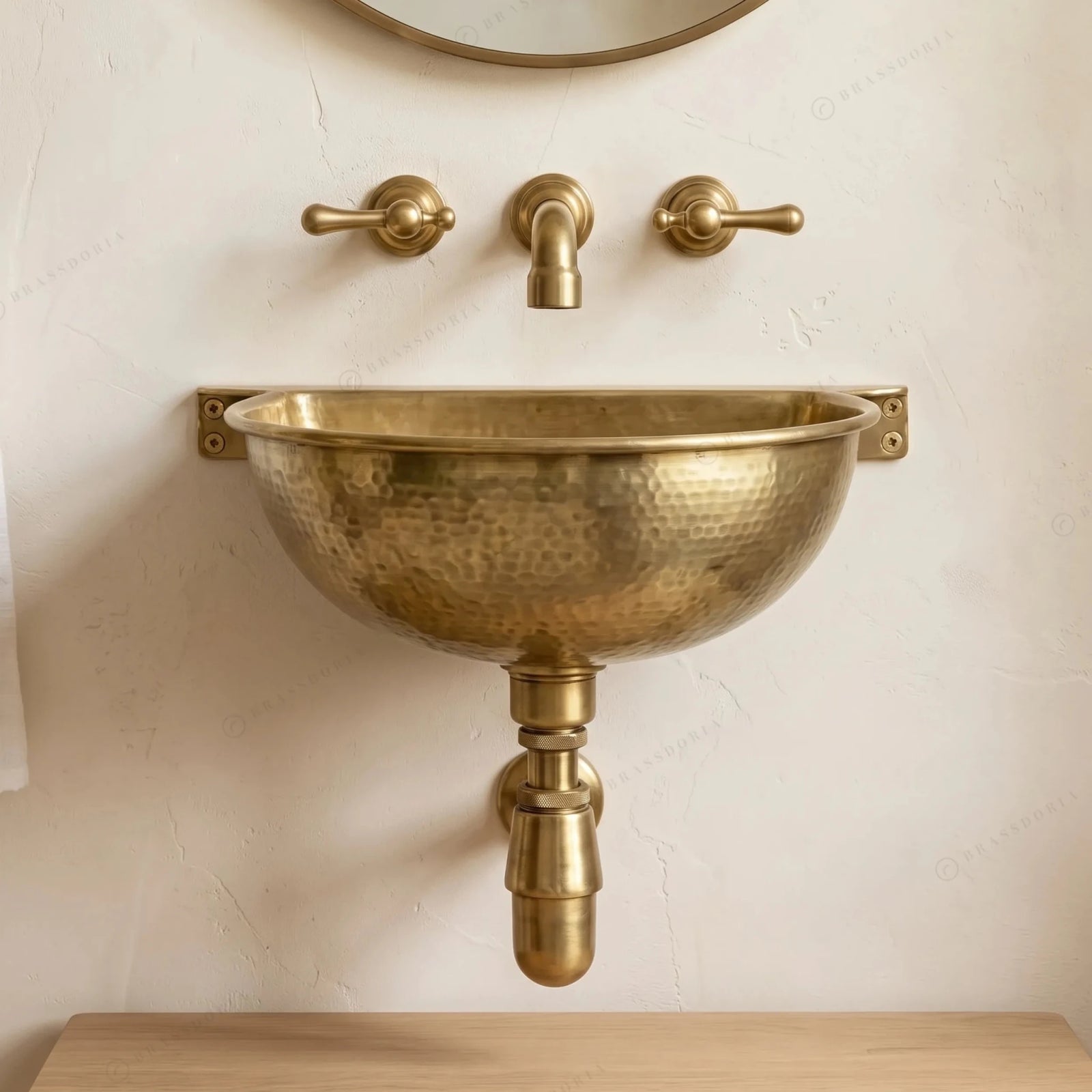 Unlacquered Brass Wall Mounted Sink – Handmade Hammered Brass Basin - BRASSDORIA