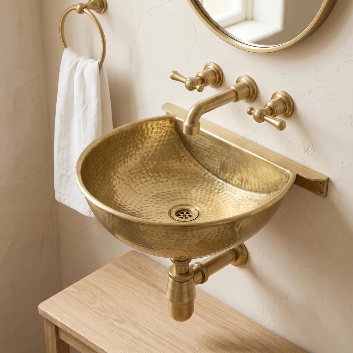 Unlacquered Brass Wall Mounted Sink – Handmade Hammered Brass Basin - BRASSDORIA