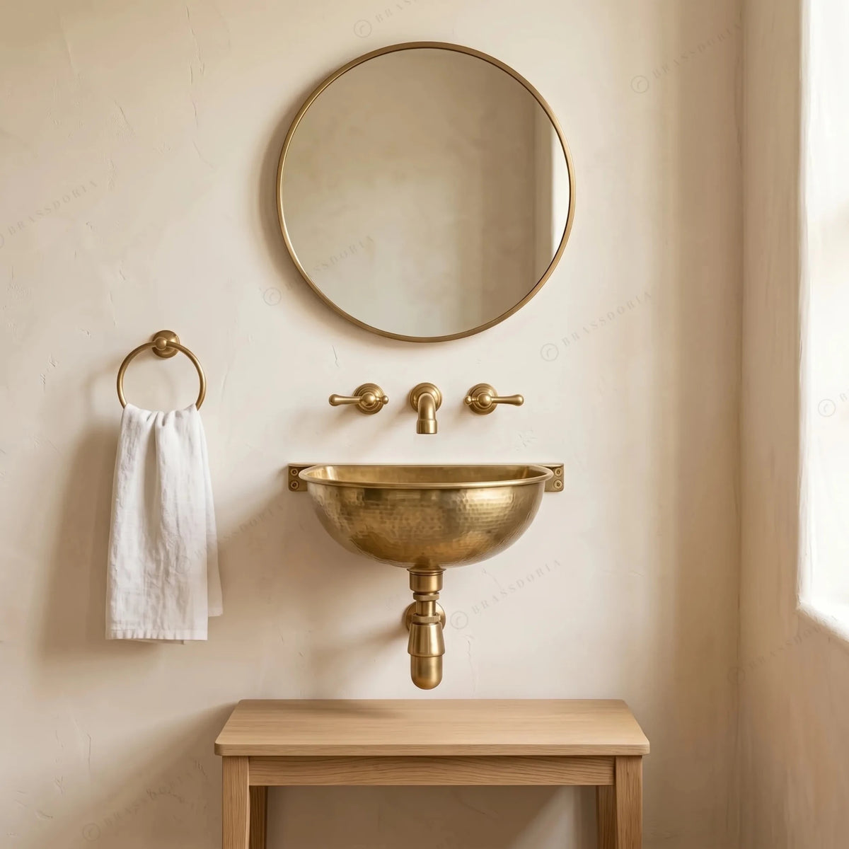 Unlacquered Brass Wall Mounted Sink – Handmade Hammered Brass Basin - BRASSDORIA