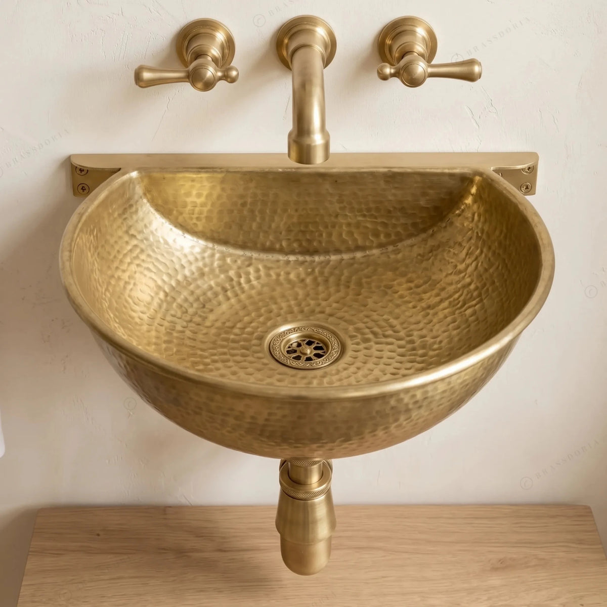 Unlacquered Brass Wall Mounted Sink – Handmade Hammered Brass Basin - BRASSDORIA