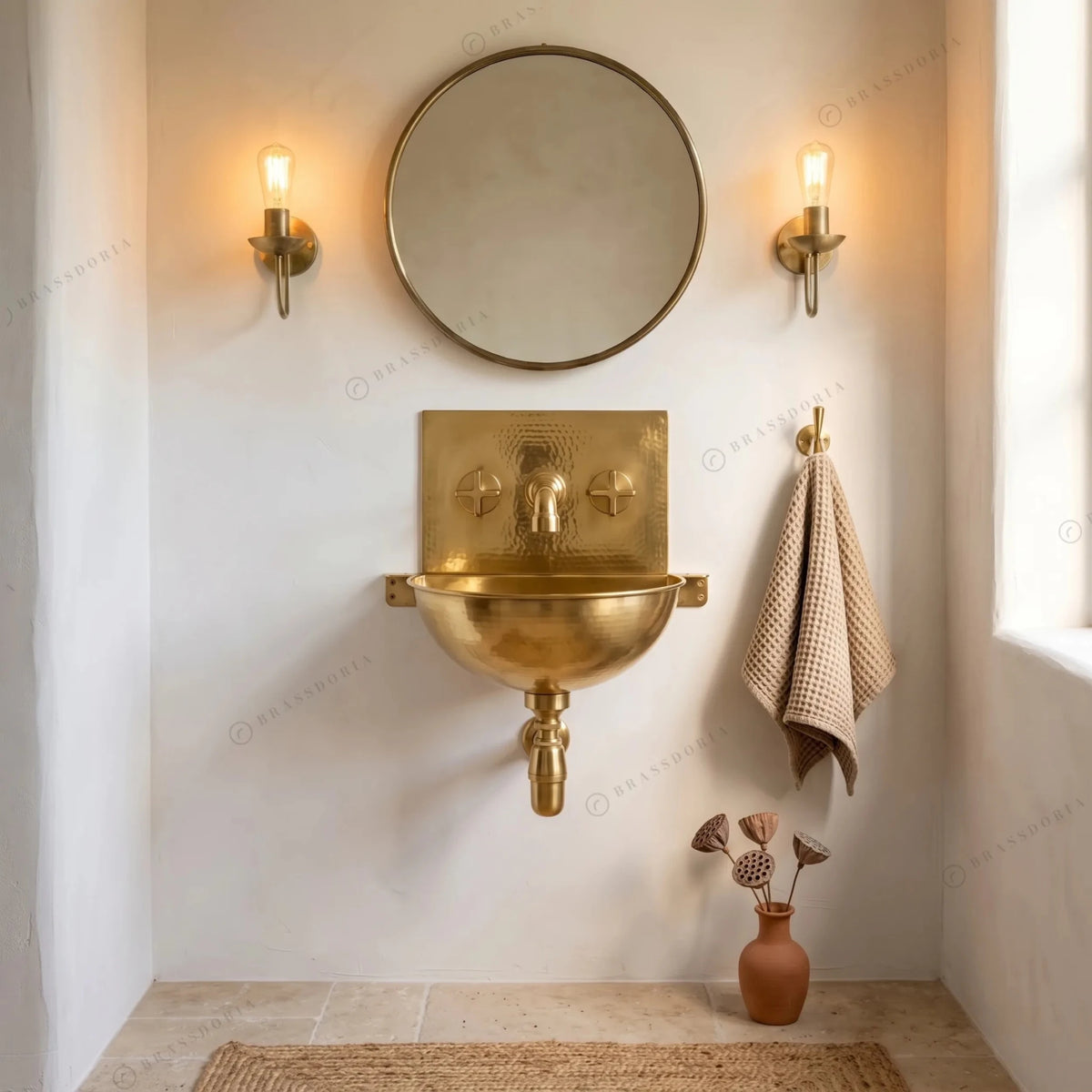 Unlacquered Brass Wall Sink – Hammered Bathroom Basin with Faucet - BRASSDORIA
