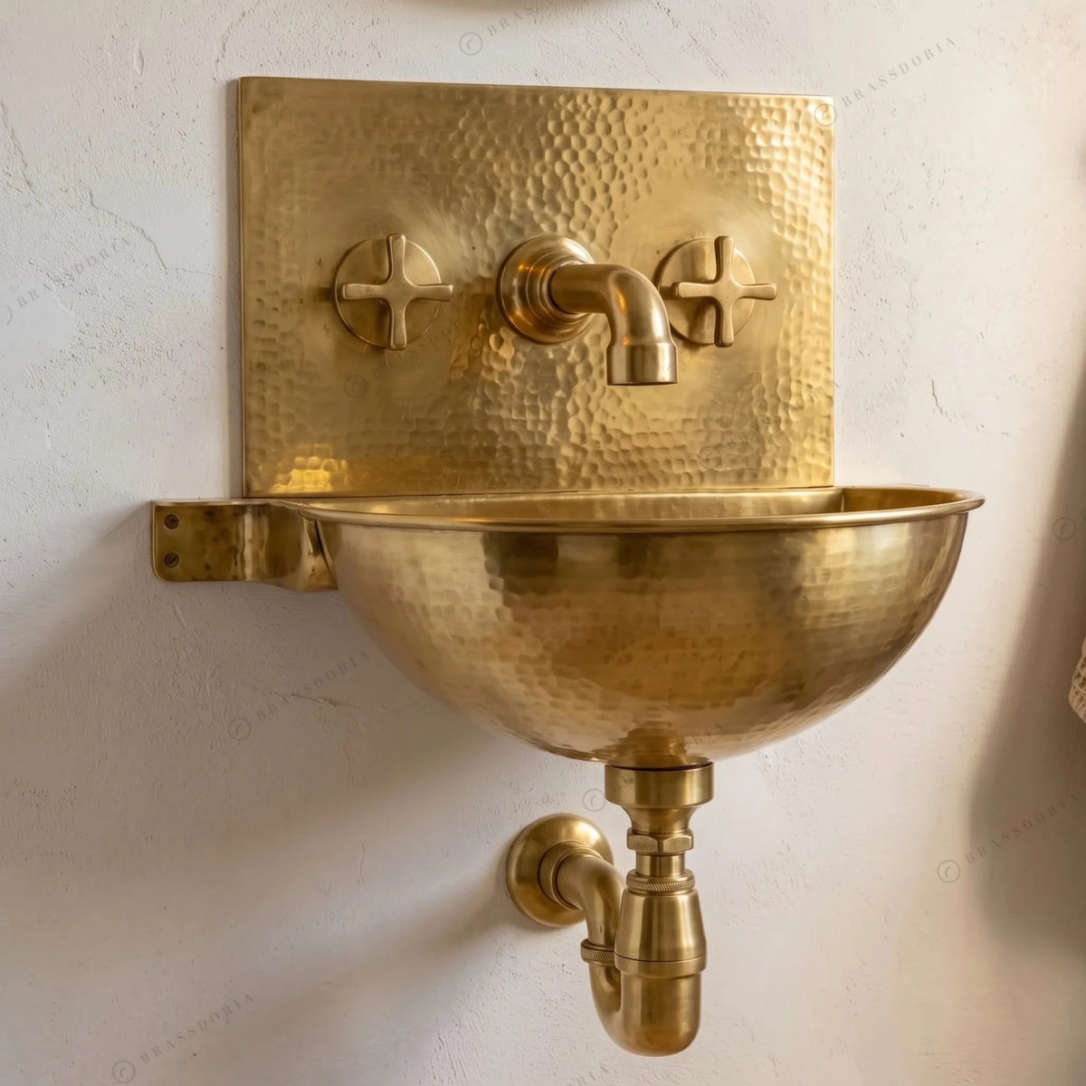 Unlacquered Brass Wall Sink – Hammered Bathroom Basin with Faucet - BRASSDORIA