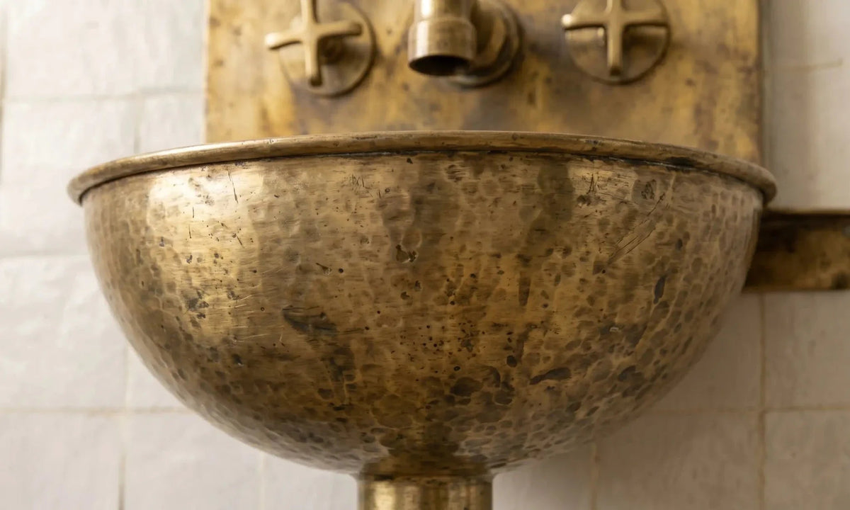 Unlacquered Brass Wall Sink – Hammered Bathroom Basin with Faucet - BRASSDORIA