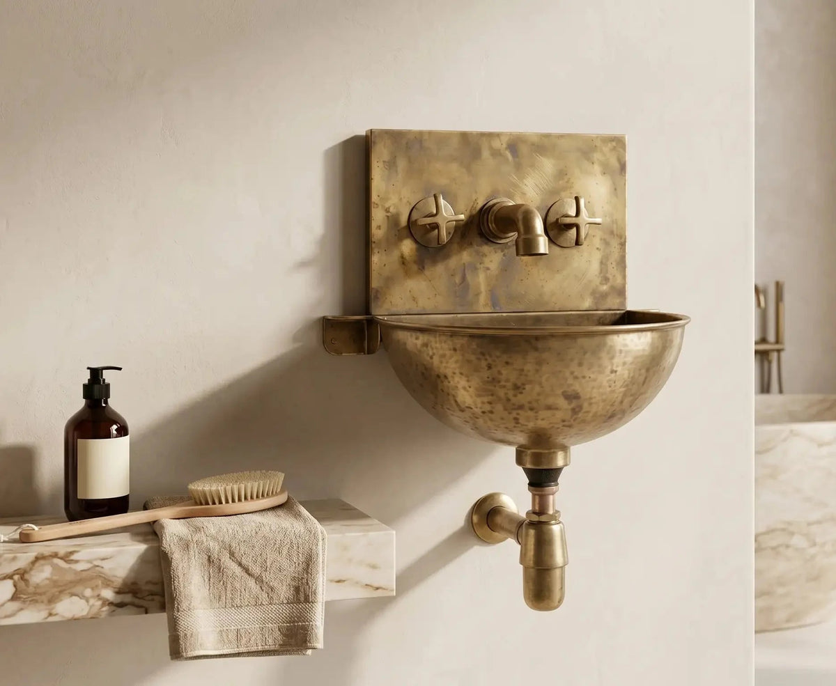 Unlacquered Brass Wall Sink – Hammered Bathroom Basin with Faucet - BRASSDORIA