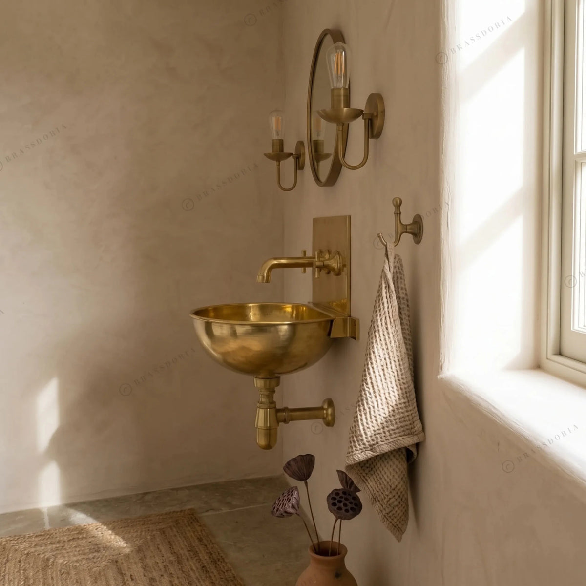 Unlacquered Brass Wall Sink – Hammered Bathroom Basin with Faucet - BRASSDORIA