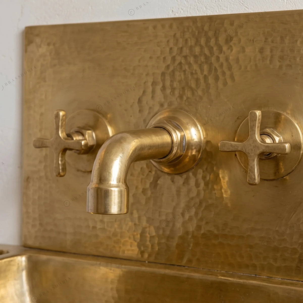 Unlacquered Brass Wall Sink – Hammered Bathroom Basin with Faucet - BRASSDORIA
