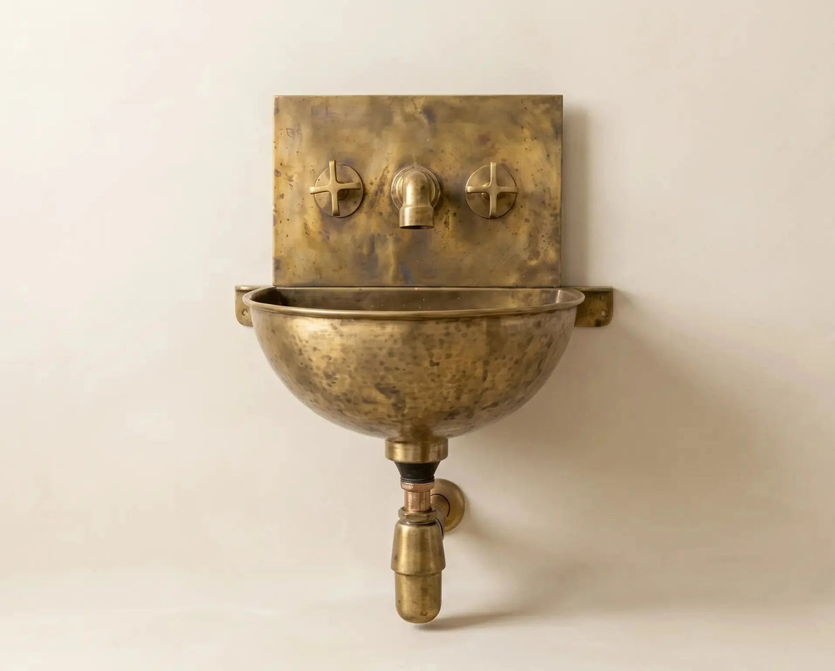 Unlacquered Brass Wall Sink – Hammered Bathroom Basin with Faucet - BRASSDORIA