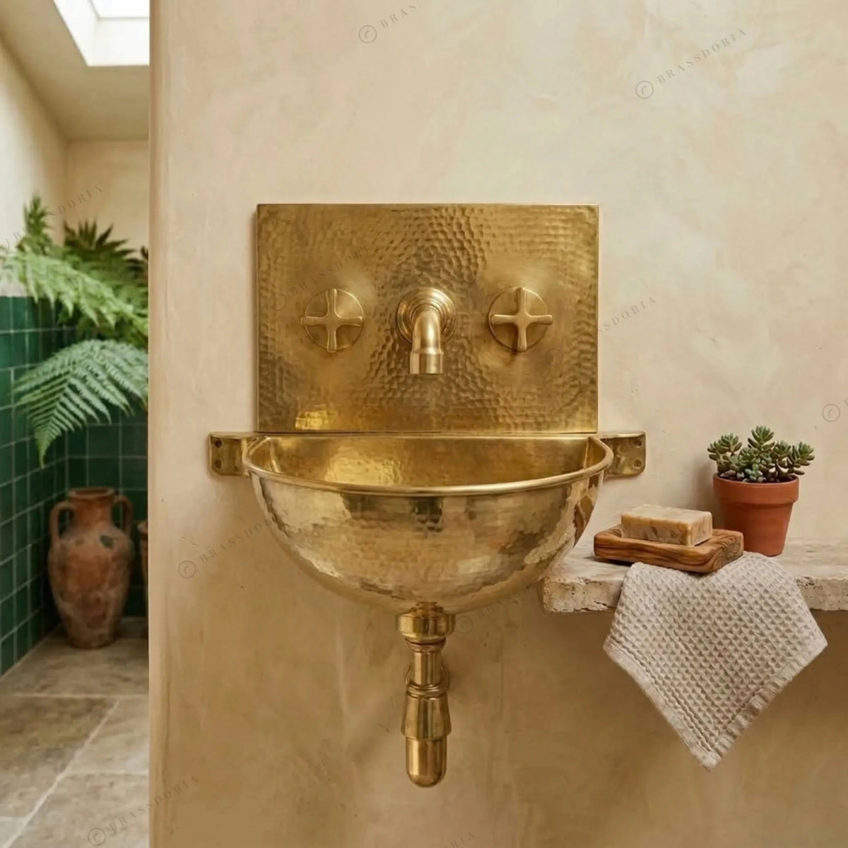Unlacquered Brass Wall Sink – Hammered Bathroom Basin with Faucet - BRASSDORIA