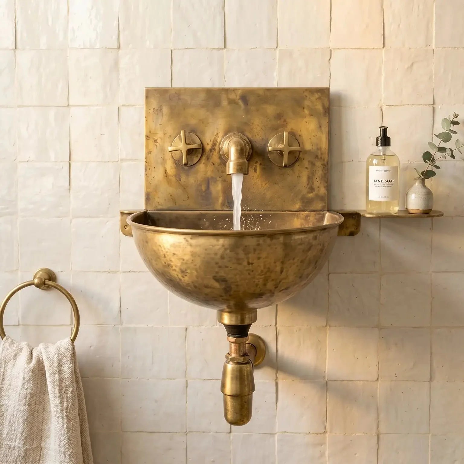 Unlacquered Brass Wall Sink – Hammered Bathroom Basin with Faucet - BRASSDORIA