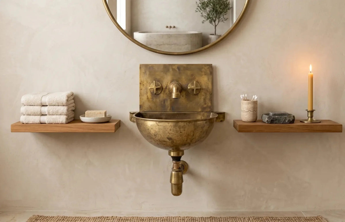 Unlacquered Brass Wall Sink – Hammered Bathroom Basin with Faucet - BRASSDORIA