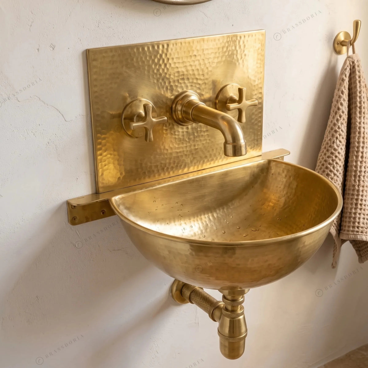 Unlacquered Brass Wall Sink – Hammered Bathroom Basin with Faucet - BRASSDORIA