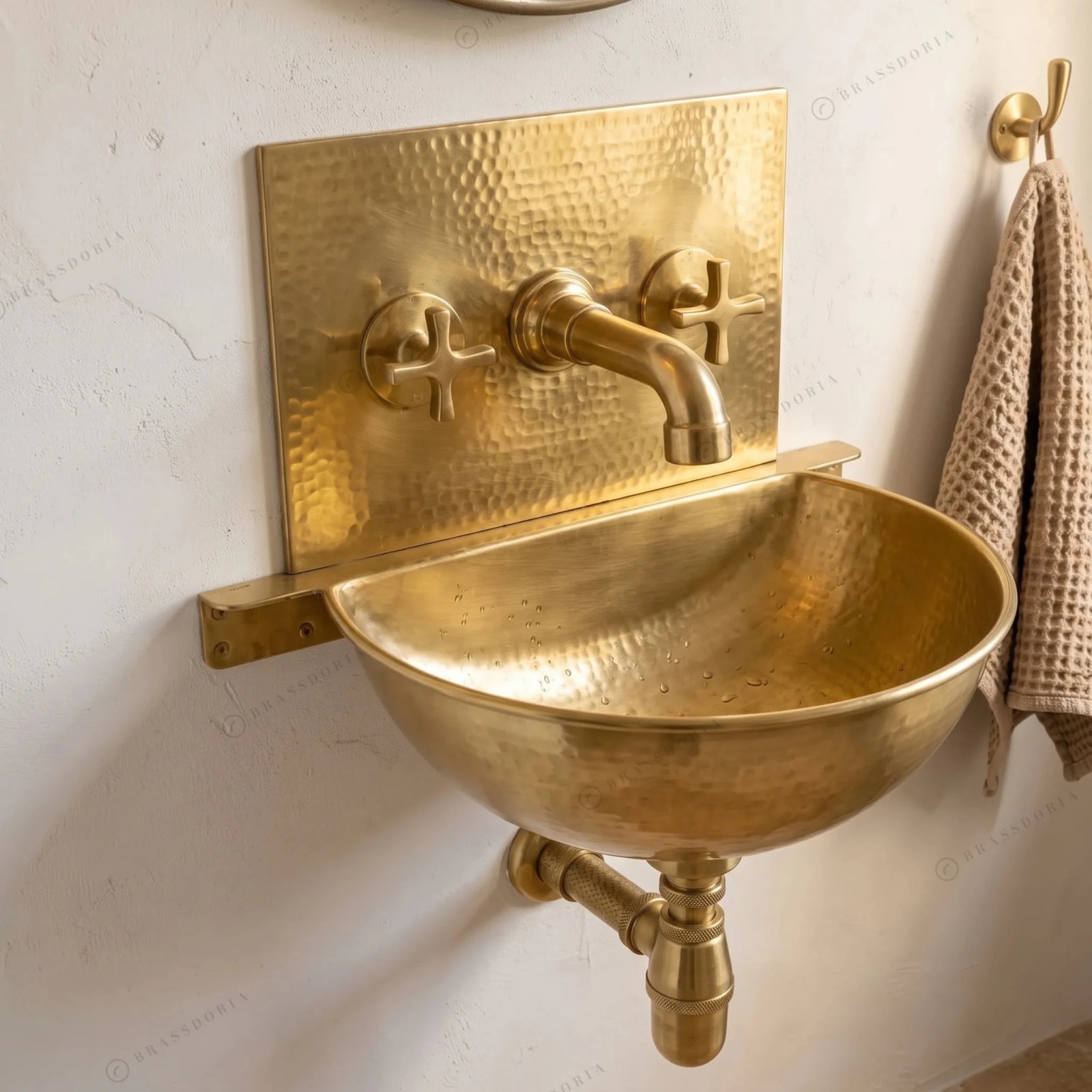 Unlacquered Brass Wall Sink – Hammered Bathroom Basin with Faucet - BRASSDORIA
