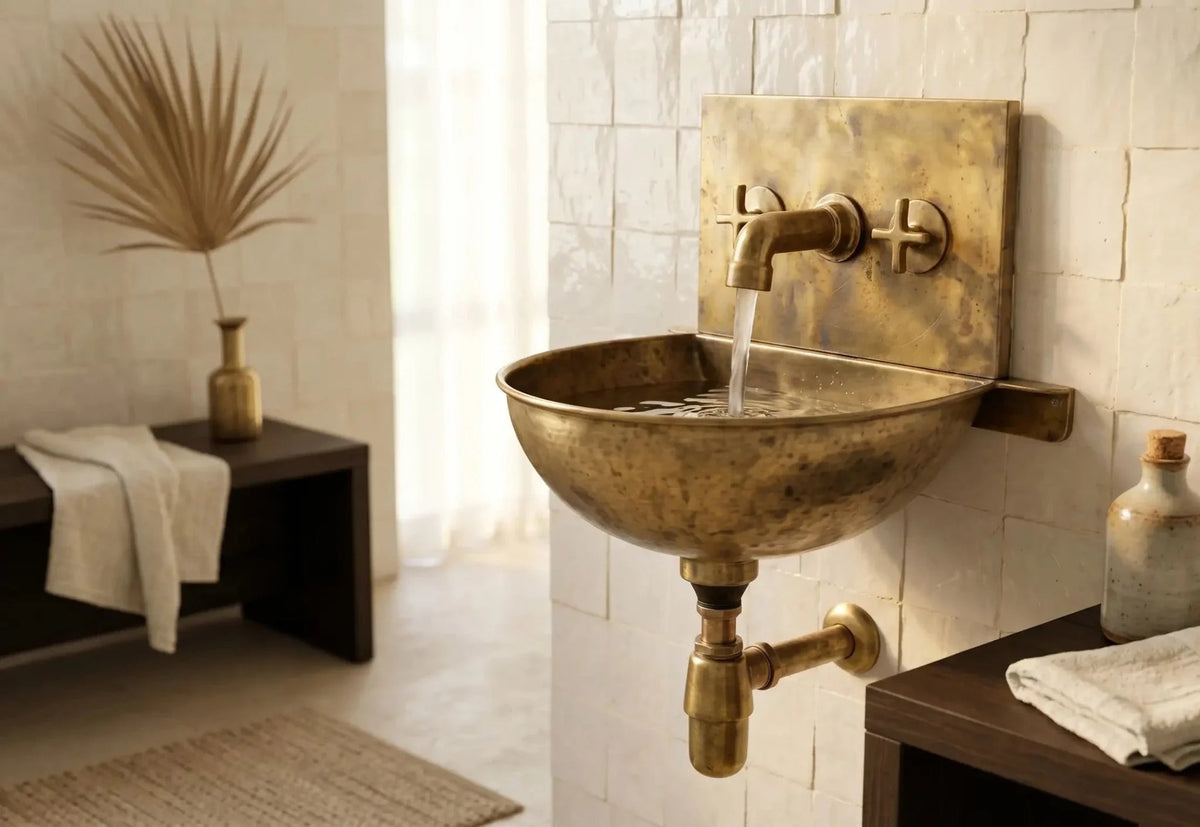 Unlacquered Brass Wall Sink – Hammered Bathroom Basin with Faucet - BRASSDORIA
