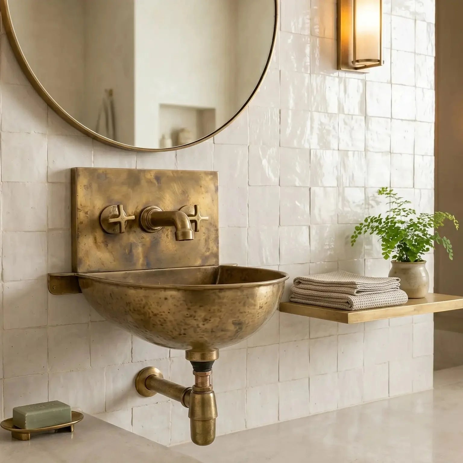 Unlacquered Brass Wall Sink – Hammered Bathroom Basin with Faucet - BRASSDORIA