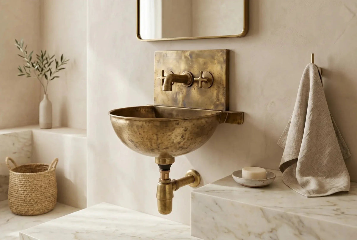 Unlacquered Brass Wall Sink – Hammered Bathroom Basin with Faucet - BRASSDORIA