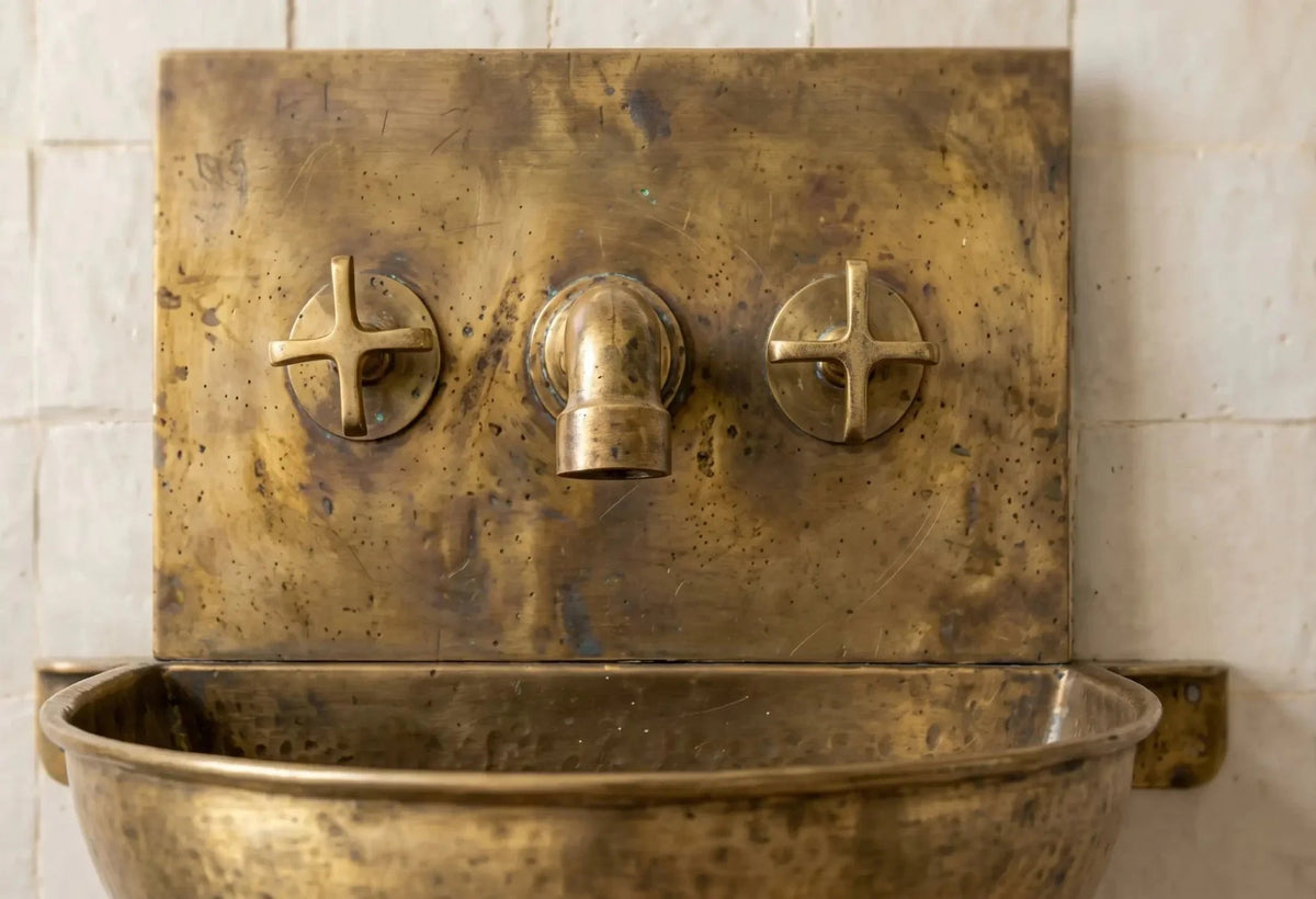 Unlacquered Brass Wall Sink – Hammered Bathroom Basin with Faucet - BRASSDORIA