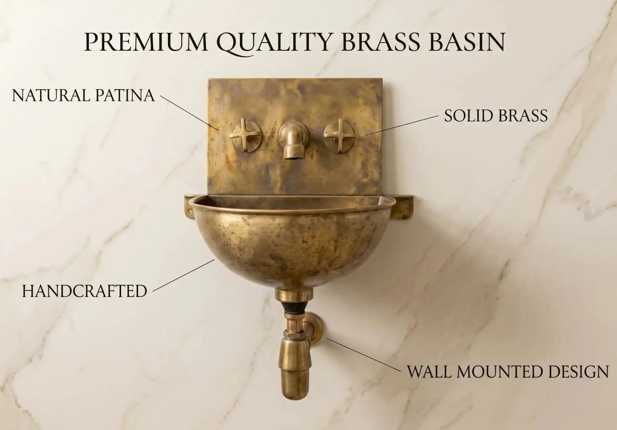 Unlacquered Brass Wall Sink – Hammered Bathroom Basin with Faucet - BRASSDORIA