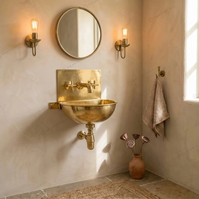 Unlacquered Brass Wall Sink – Hammered Bathroom Basin with Faucet - BRASSDORIA