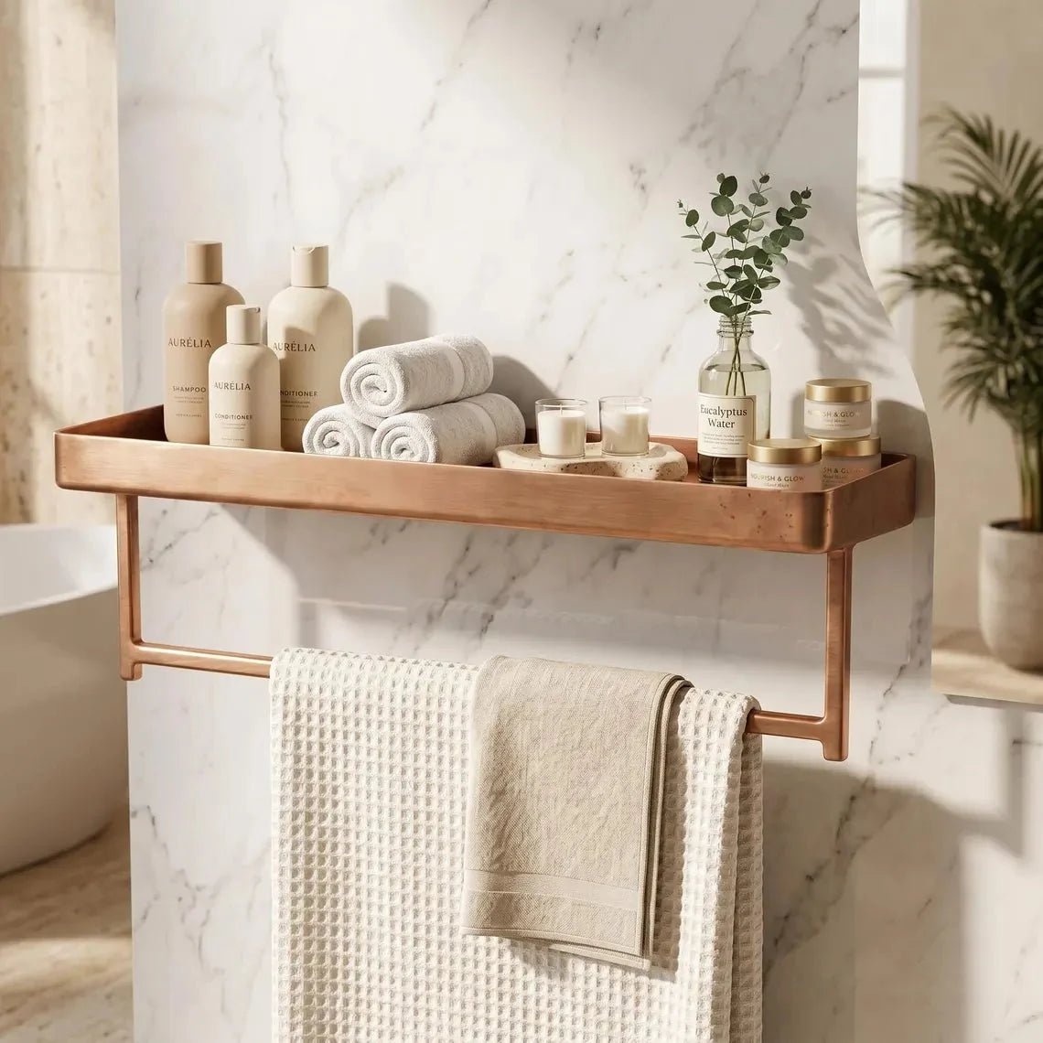 Unlacquered Copper Bathroom Shelf with Towel Bar | Moroccan Artisan Storage Rack - BRASSDORIA