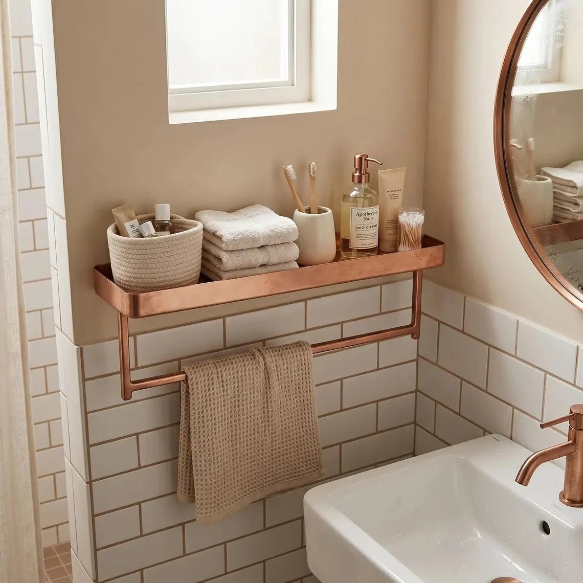 Unlacquered Copper Bathroom Shelf with Towel Bar | Moroccan Artisan Storage Rack - BRASSDORIA