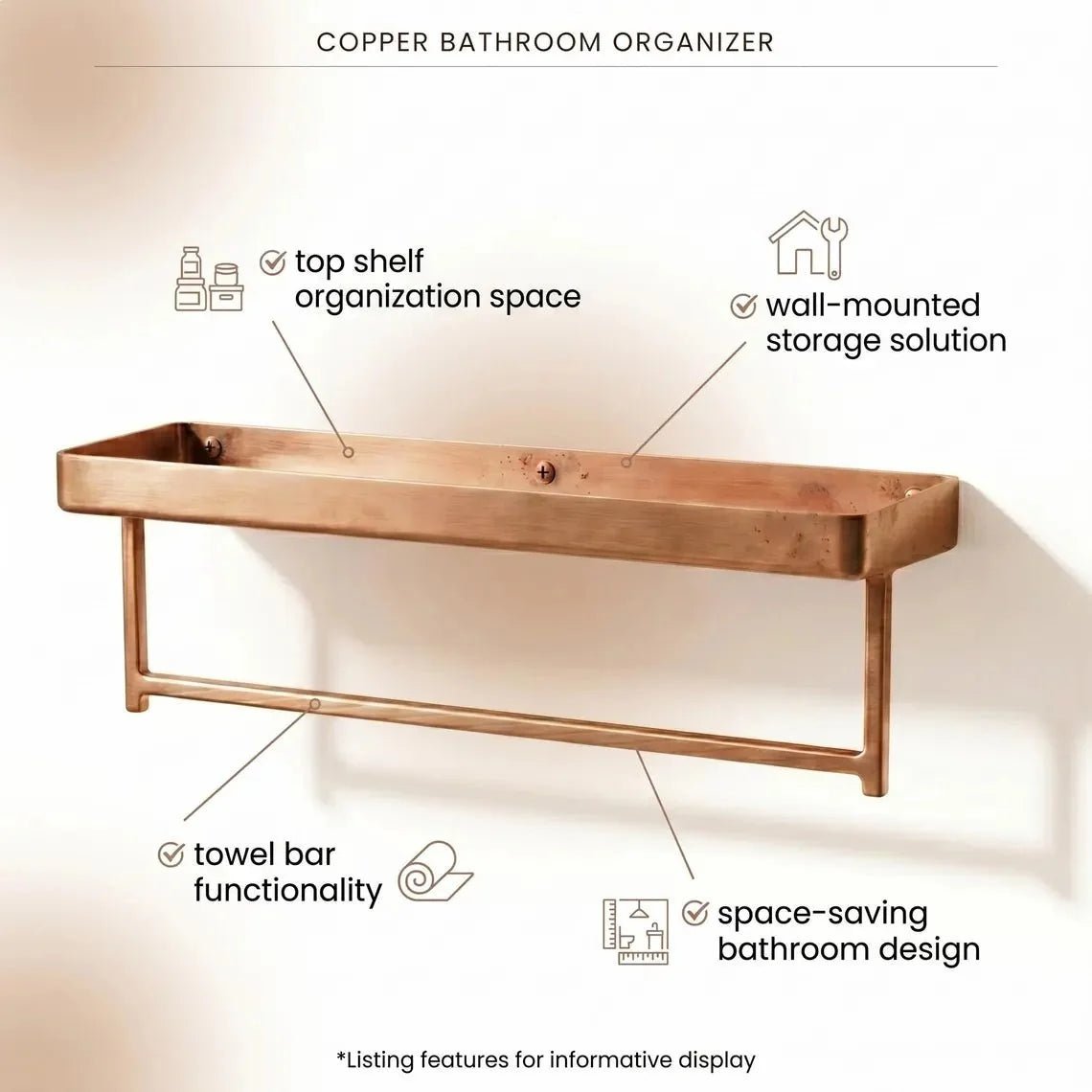 Unlacquered Copper Bathroom Shelf with Towel Bar | Moroccan Artisan Storage Rack - BRASSDORIA