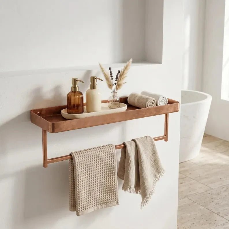 Unlacquered Copper Bathroom Shelf with Towel Bar | Moroccan Artisan Storage Rack - BRASSDORIA