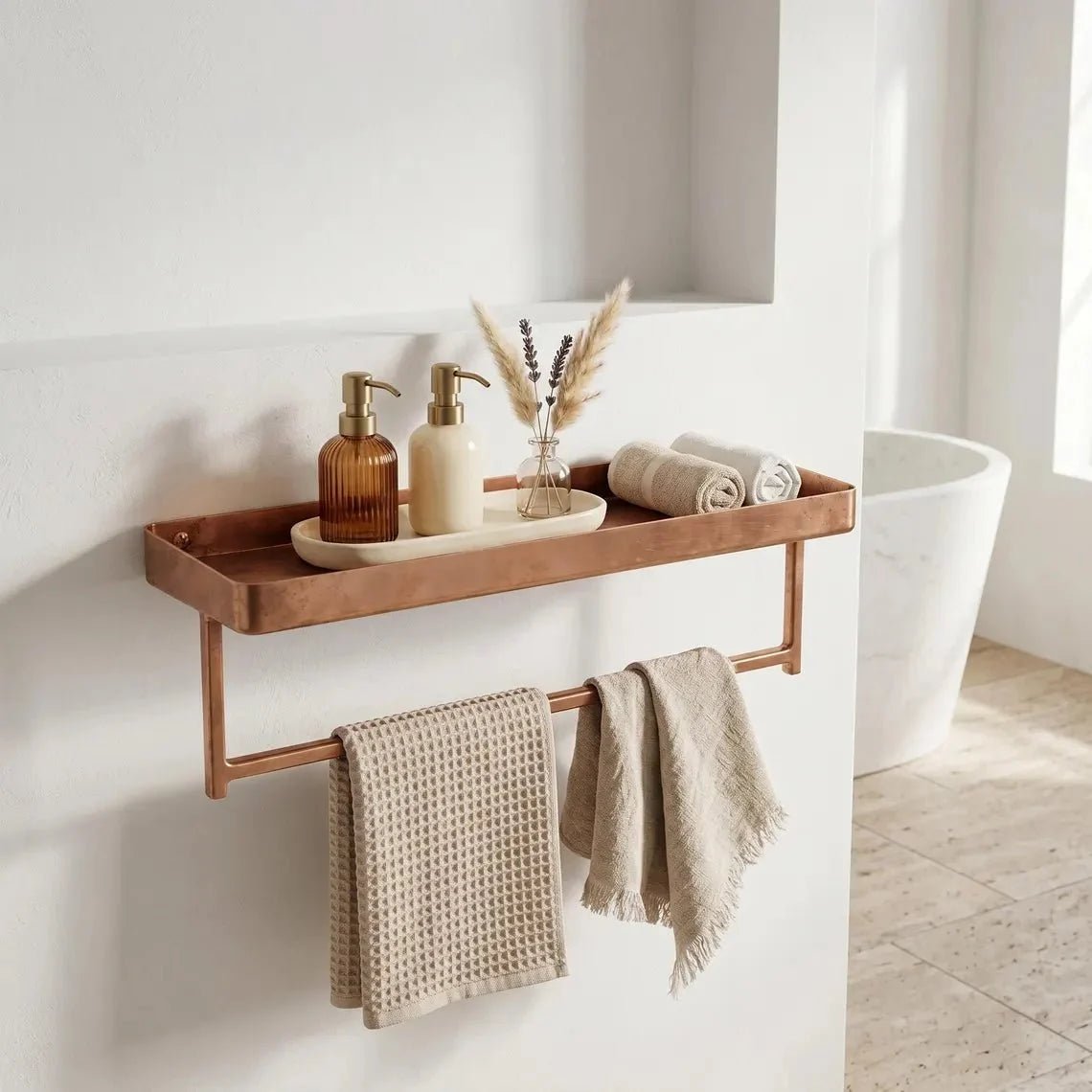 Unlacquered Copper Bathroom Shelf with Towel Bar | Moroccan Artisan Storage Rack - BRASSDORIA