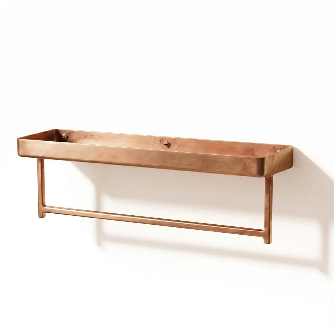 Unlacquered Copper Bathroom Shelf with Towel Bar | Moroccan Artisan Storage Rack - BRASSDORIA