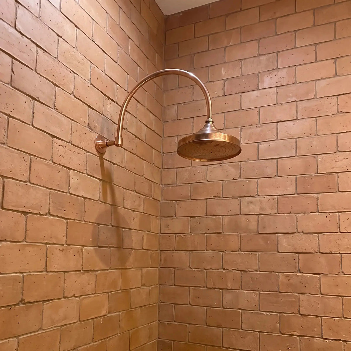 Unlacquered Copper Rain Shower Head with Wall-Mounted Gooseneck Shower Arm - BRASSDORIA
