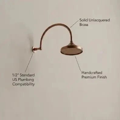 Unlacquered Copper Rain Shower Head with Wall-Mounted Gooseneck Shower Arm - BRASSDORIA