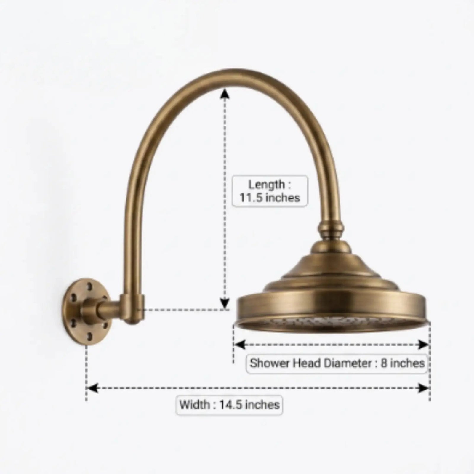 Unlacquered Copper Rain Shower Head with Wall-Mounted Gooseneck Shower Arm - BRASSDORIA
