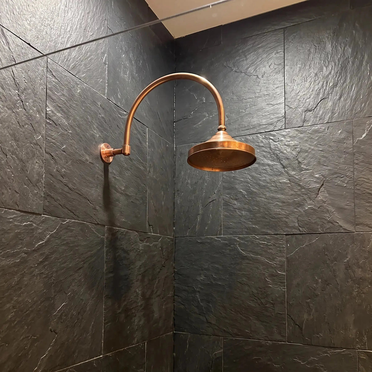 Unlacquered Copper Rain Shower Head with Wall-Mounted Gooseneck Shower Arm - BRASSDORIA