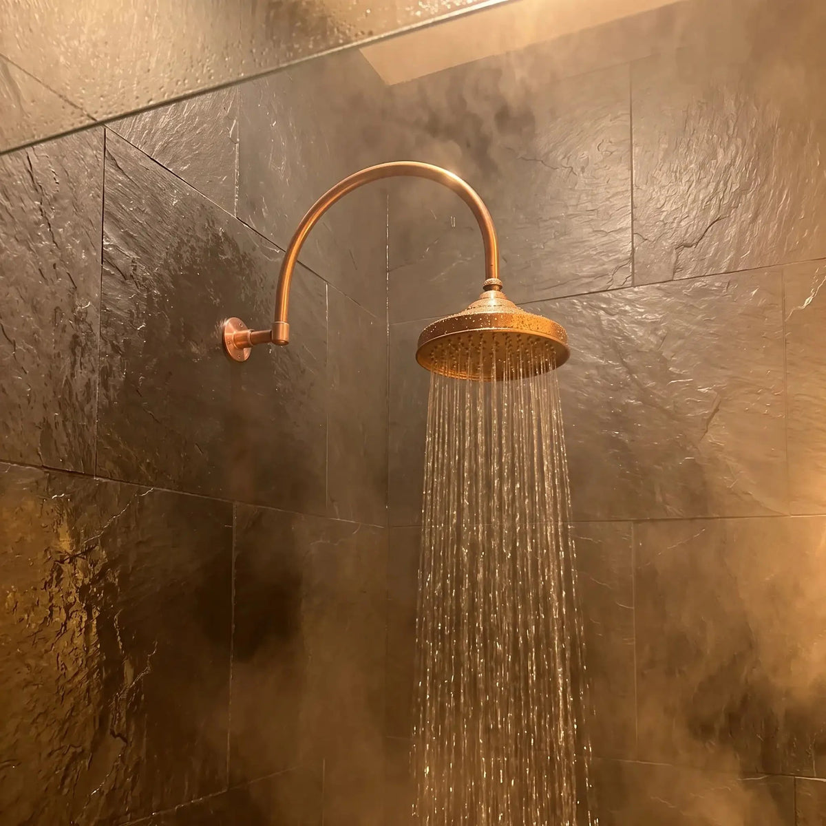 Unlacquered Copper Rain Shower Head with Wall-Mounted Gooseneck Shower Arm - BRASSDORIA
