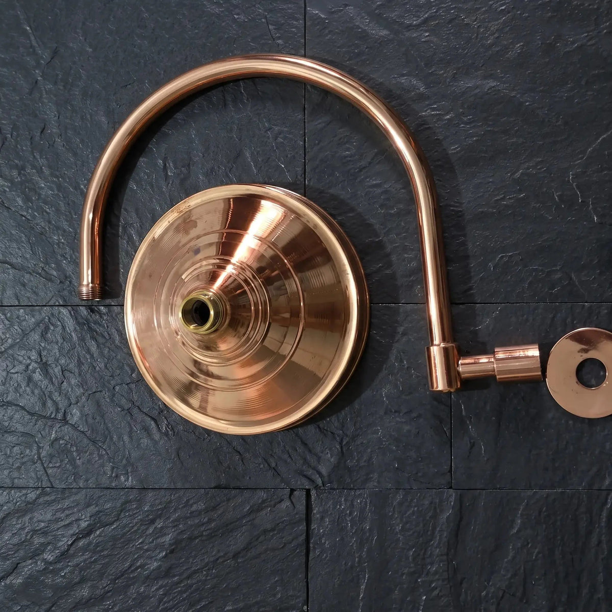 Unlacquered Copper Rain Shower Head with Wall-Mounted Gooseneck Shower Arm - BRASSDORIA