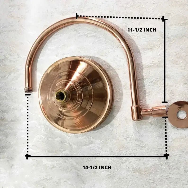 Unlacquered Copper Rain Shower Head with Wall-Mounted Gooseneck Shower Arm - BRASSDORIA