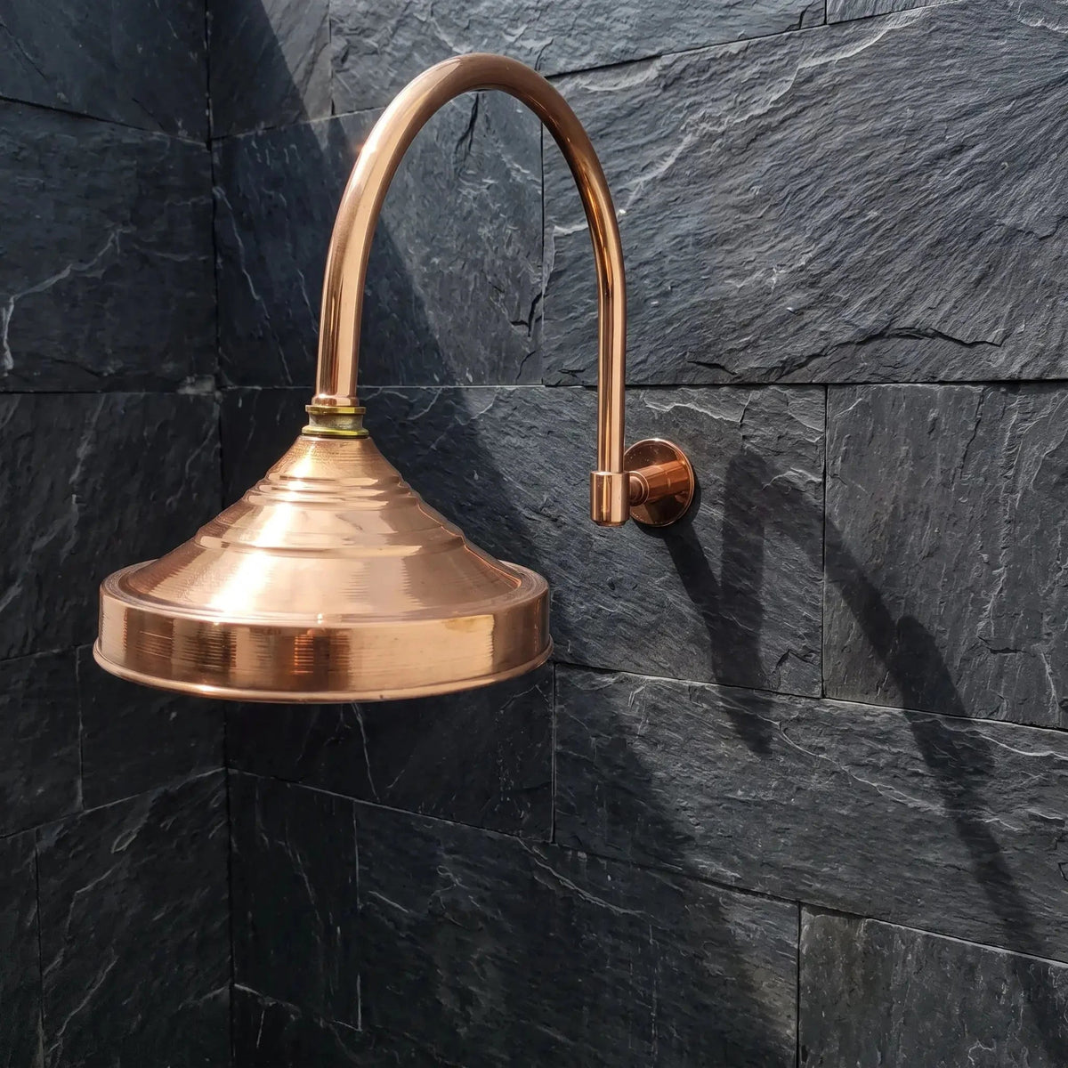 Unlacquered Copper Rain Shower Head with Wall-Mounted Gooseneck Shower Arm - BRASSDORIA