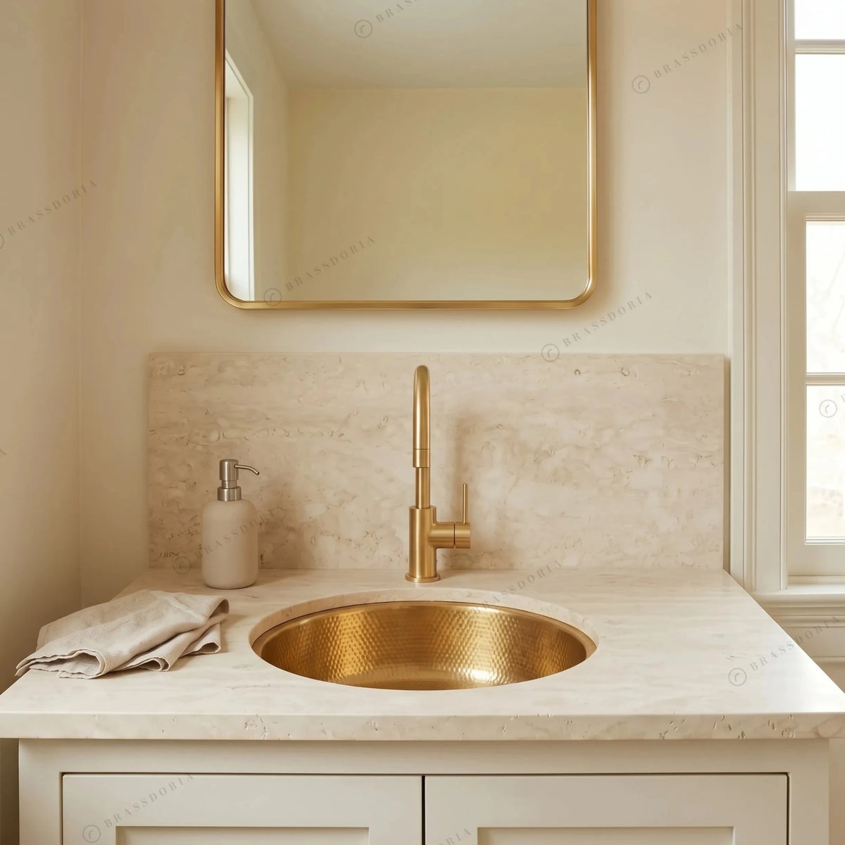 Unlacquered Hammered Brass Bar Sink – Round Undermount Basin with Strainer - BRASSDORIA