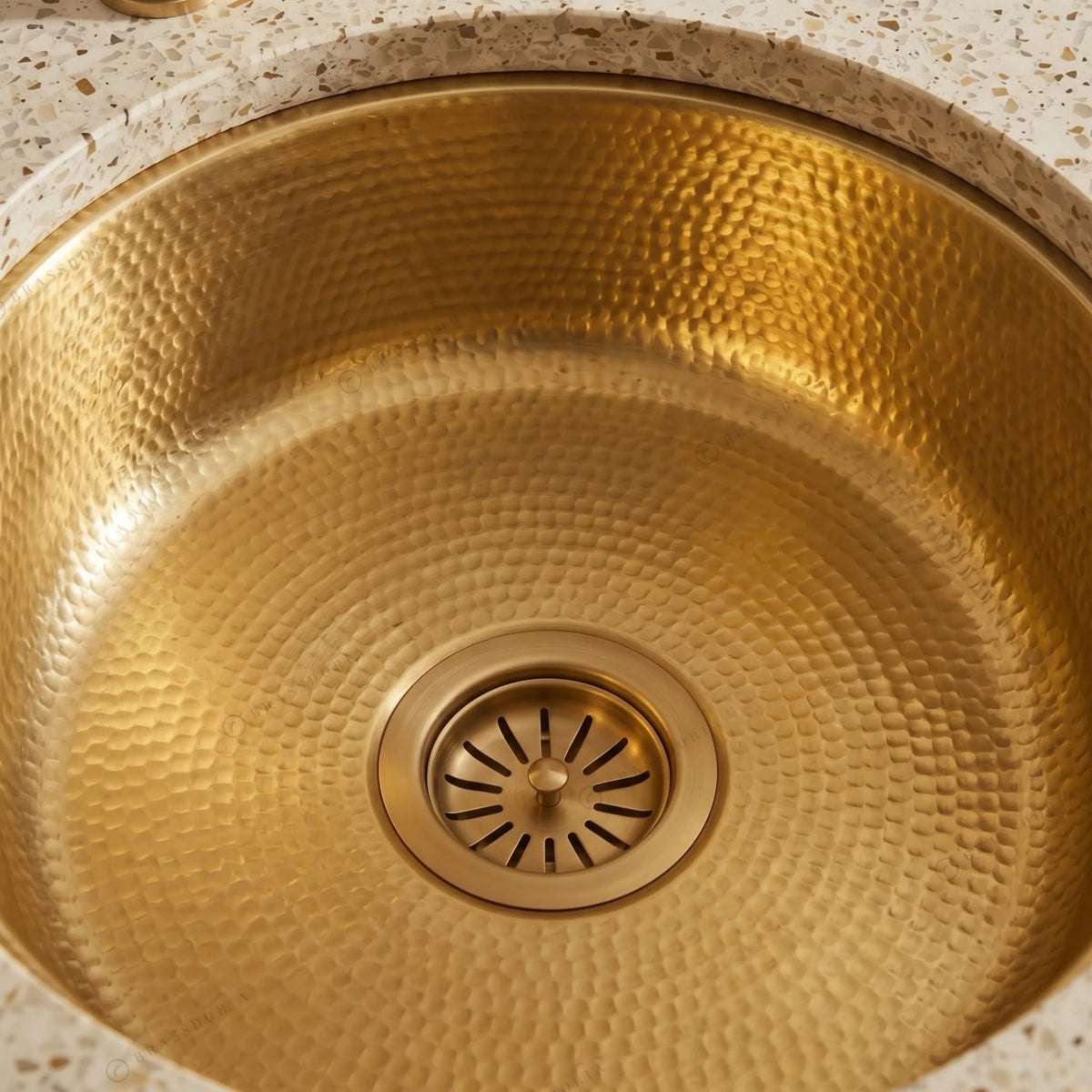 Unlacquered Hammered Brass Bar Sink – Round Undermount Basin with Strainer - BRASSDORIA