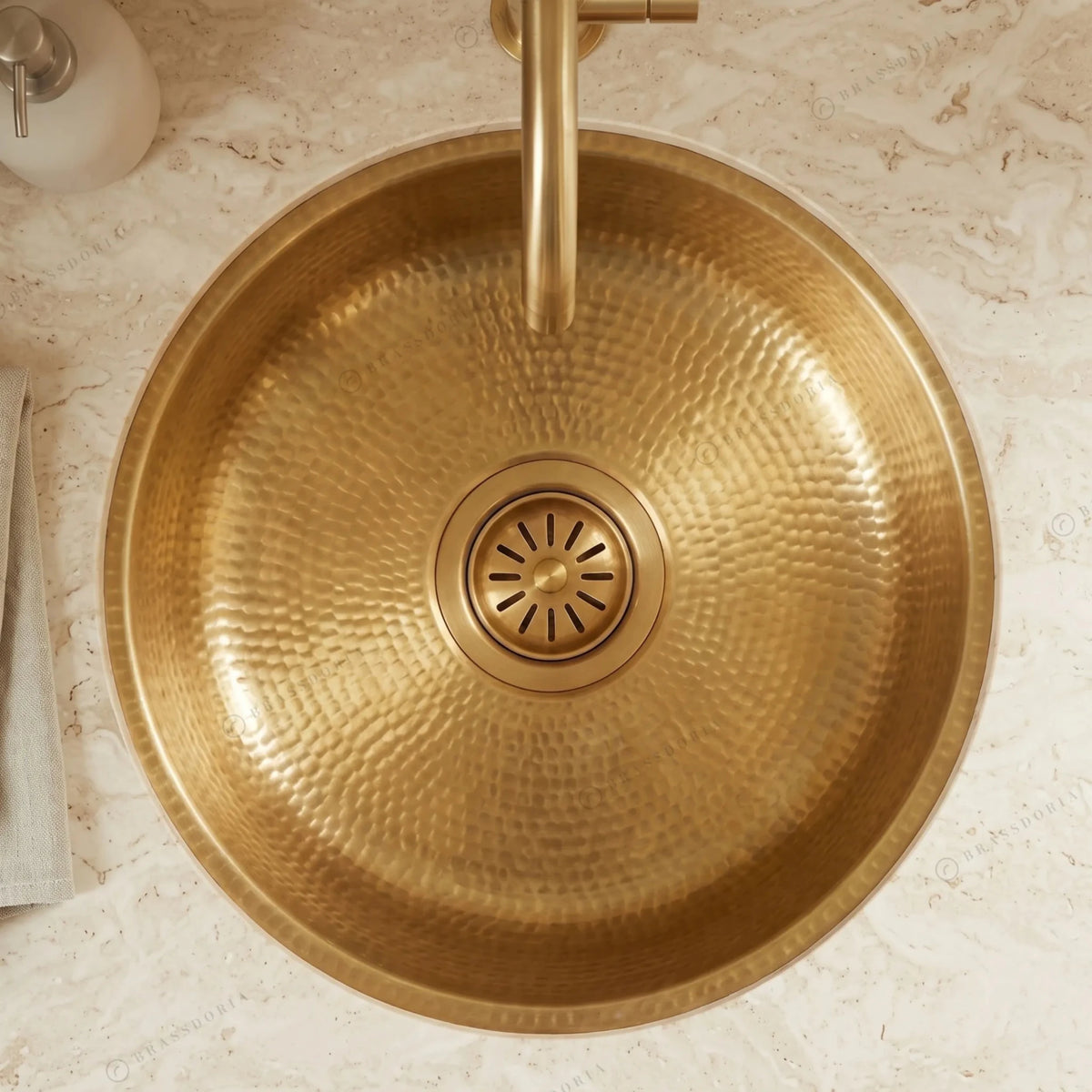 Unlacquered Hammered Brass Bar Sink – Round Undermount Basin with Strainer - BRASSDORIA