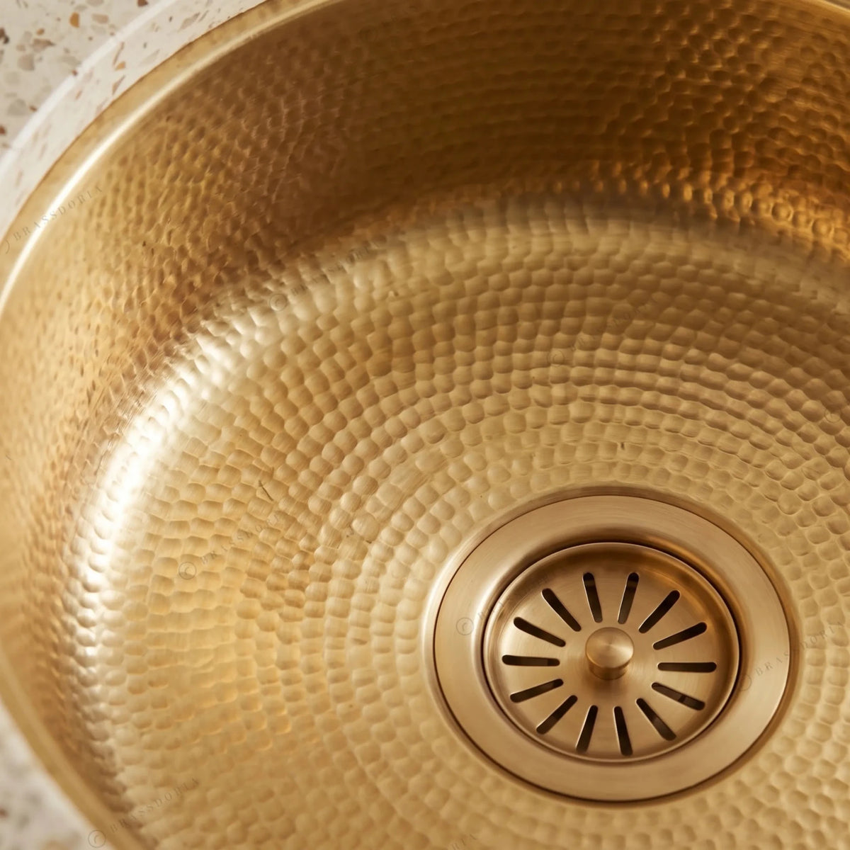 Unlacquered Hammered Brass Bar Sink – Round Undermount Basin with Strainer - BRASSDORIA