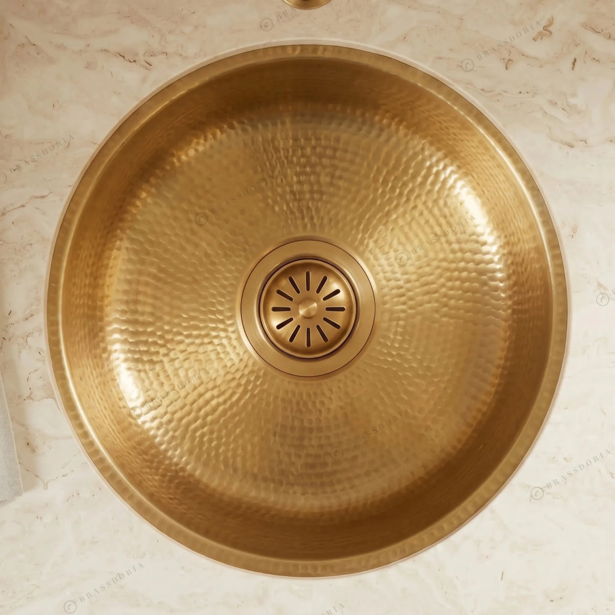 Unlacquered Hammered Brass Bar Sink – Round Undermount Basin with Strainer - BRASSDORIA