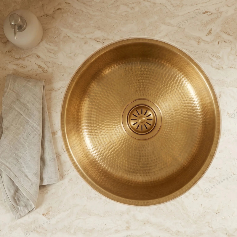 Unlacquered Hammered Brass Bar Sink – Round Undermount Basin with Strainer - BRASSDORIA