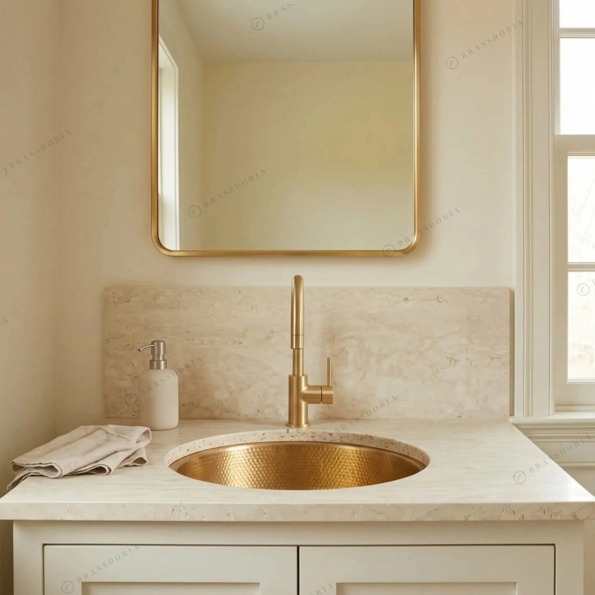 Unlacquered Hammered Brass Bar Sink – Round Undermount Basin with Strainer - BRASSDORIA