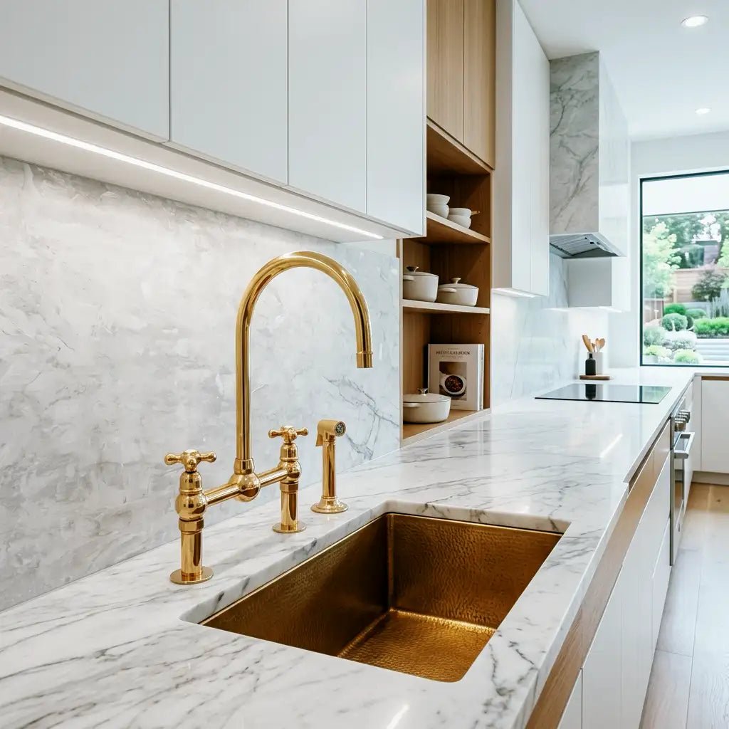 Unlacquered Solid Brass Bridge Faucet, Vintage Kitchen Sink Tap - BRASSDORIA